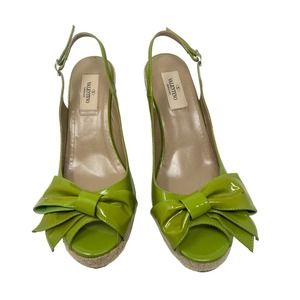Valentino lime green patent leather Espadrille sling back Wedge sandals SZ 39